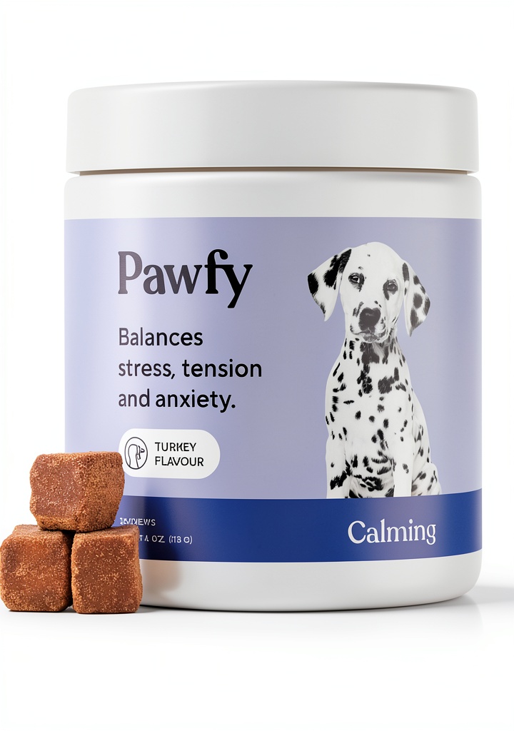 Pawfy Calming Chews displayed on a wooden desk with a measuring tape and a coffee mug