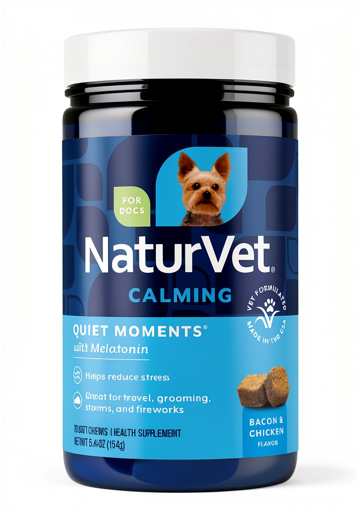 Close‑up of Dog Calming Chews by Garmon Corp on a wooden kitchen counter