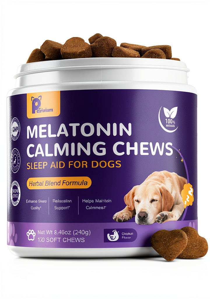 Dog receiving a Petrivium melatonin chew on a cozy couch