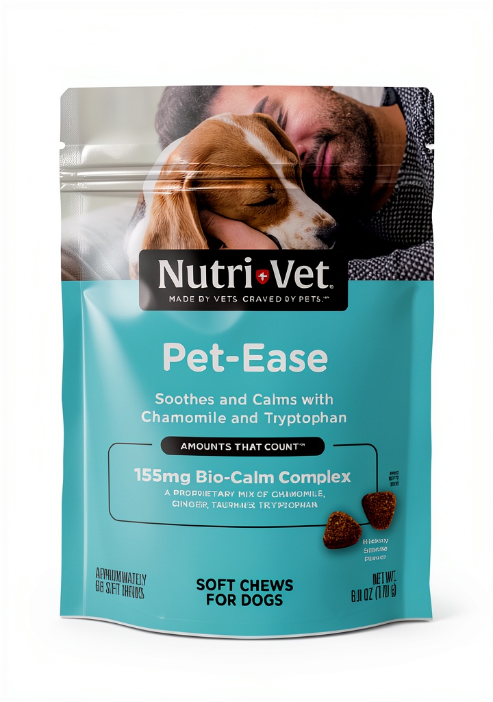 Real‑world testing of Nutri‑Vet Pet‑Ease calming chews placed on a kitchen counter beside a dog bowl