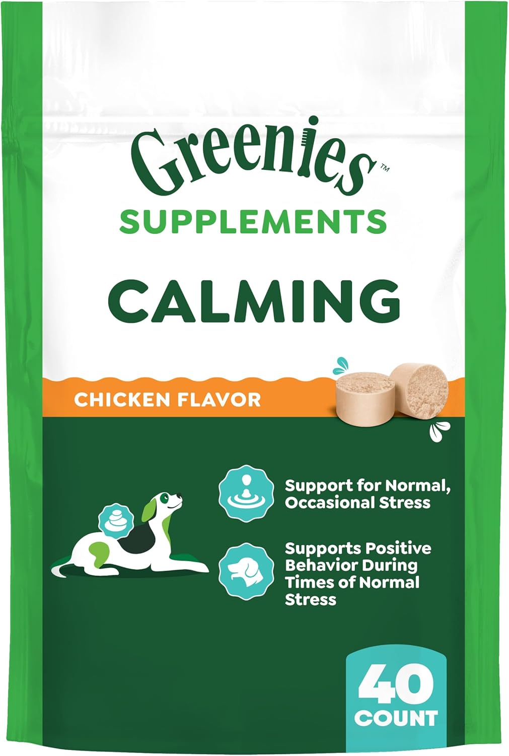 Greenies Calming Supplements package and treats displayed on a table