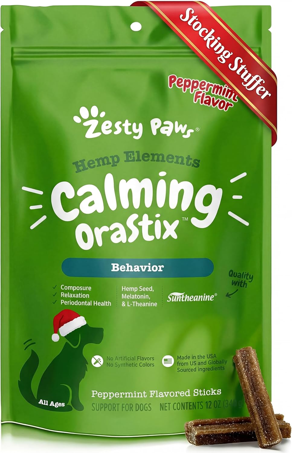 Unboxing Zesty Paws Calming OraStix on a kitchen countertop