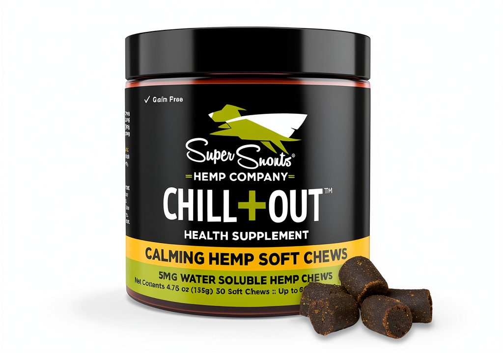 Pet Honesty Calming Chews package and chews displayed on a table