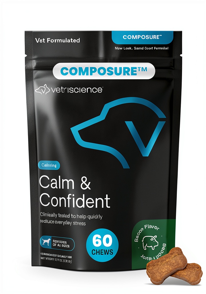 Close‑up of Calm & Confident Dog Calming Chews bottle on a wooden desk