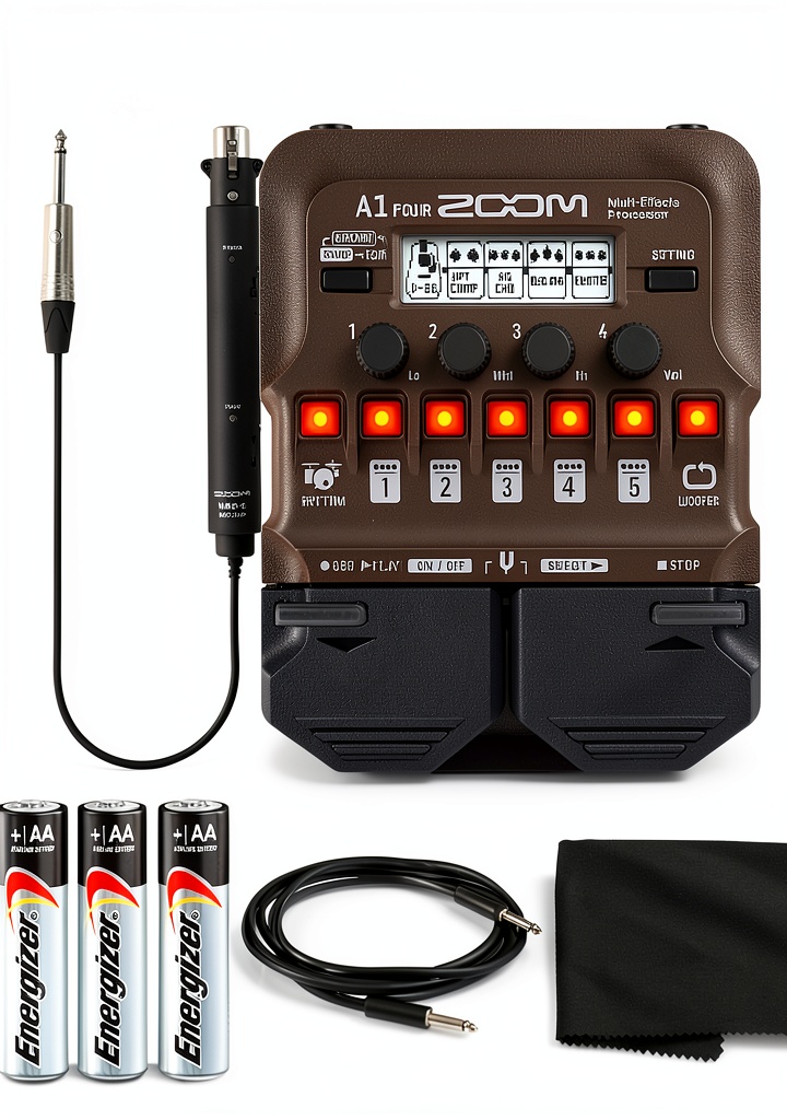 Installing Zoom A1 FOUR Multieffects Processor Black for Bass on a wooden desk