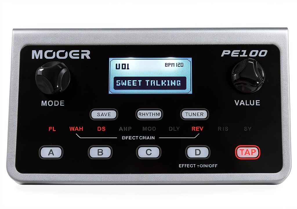 PE100 guitar multi-effects processor on a stage setup