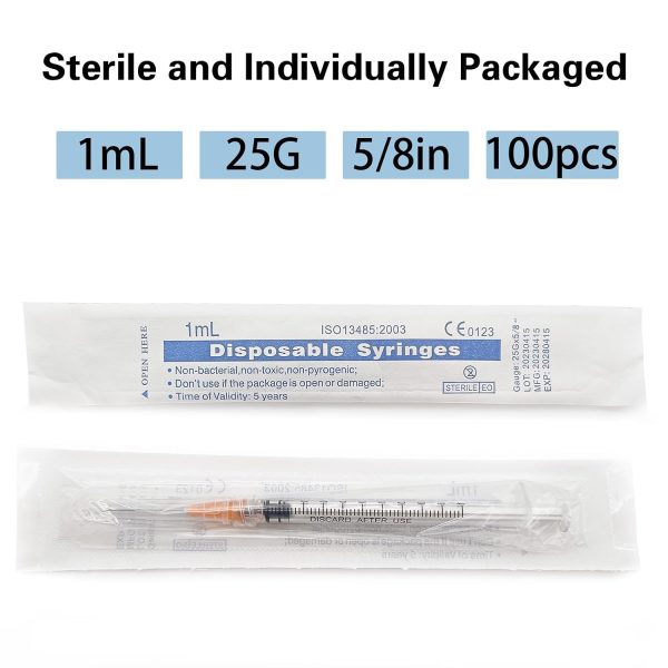 100pcs 1ml 25G x 5/8 inch Scientific Accessories, Refilling Liquids | 1cc 25g 5/8 inch 16mm Individually Wrapped, Lab Sample Injections, Disposable Luer Lock, Dispensing Supplies, Thick-4