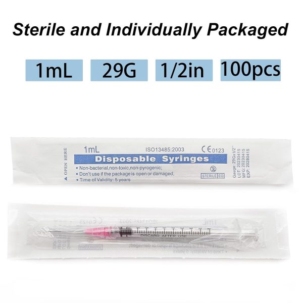 100pcs 1ml 29G 1/2 in for Disposable lab Utensils,Refilling Liquids | 1cc 29 ga 1/2 in Luer Lock Dispensing Industrial Scientific Accessories,Individually Packed ,Removable, Plastic-4